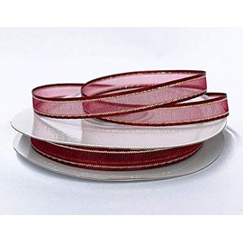 BJM Collection 3/8" X 25 Yard Organza Ribbon with Gold Trim Satin Edge Ribbon Art & Sawing Craft Party Favor Gift Wrapping (Burgundy)