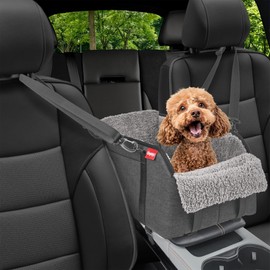BurgeonNest Center Console Small Dog Car Seat - Portable Pet Cat Puppy Booster Armrest Carseat Up to 11lbs, Anti-Collapse Comfort Car Travel with Washable Fluffy Cushion and Pillow, Grey