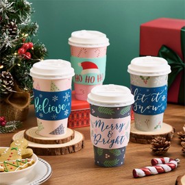 Sparkle and Bash To Go Coffee Cups with Lids - 48-Count, 16-Oz, Multicolor, Disposable Paper - Coffee Sleeves Included & Travel Cups