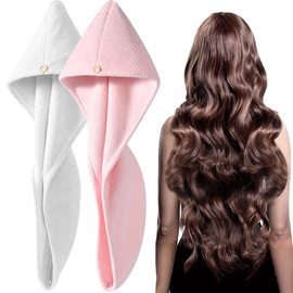 YFONG YFONG 2 Pack Large Microfiber Hair Towel Wrap for Women, Thicken Super Absorbent Quick Dry Hair Turban for Drying Curly Long Thick Hair Anti Frizz, Hair Drying Towel with Button for Wet Hair