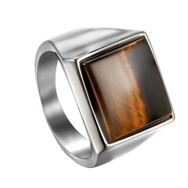OIDEA Men's Tiger's Eye Silver Ring: Vintage Square Tiger's Eye Stone Signet Ring Stainless Steel Classic Retro Charm Men's Ring Band Ring Jewellery Gift for Men Friend Father, Stainless Steel