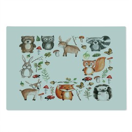 Lunarable Cartoon Cutting Board, Owl Reindeer Beer Hedgehog Ladybug Rabbit Butterfly Walnut Theme, Decorative Tempered Glass Cutting and Serving Board, Large Size, Multicolor