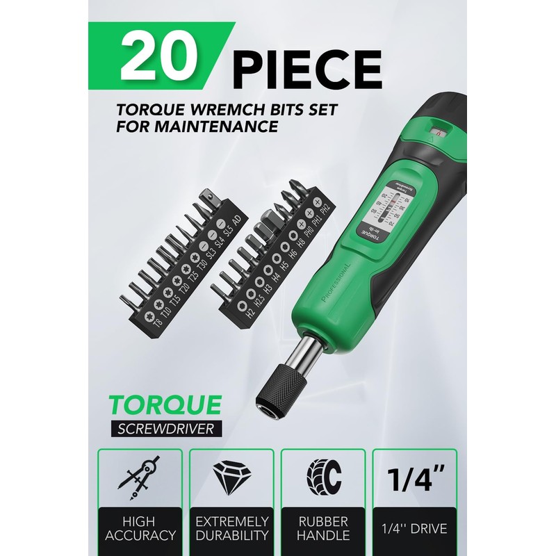 LLAVETOR Torque Screwdriver, 1/4" Drive Screwdriver Torque Wrench 10-70 Inch