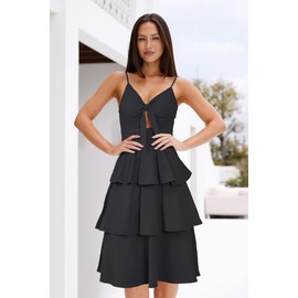 VOTEPRETTY Womens 2025 Summer Dress Midi V Neck Tie Front Casual Spaghetti Strap Vacation Tiered Ruffle Sundress(Dark Black,L)