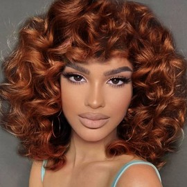 AIDUSA Big Curly Wigs for Black Women Synthetic Loose Curly Wigs with Bangs 14 Inch Auburn Brown Short Wigs Synthetic Hair Natural Wigs for Women (Copper Auburn)