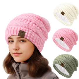 Durio 3 Pcs Toddler Winter Hat Satin Lined Beanie for Baby Girl Winter Hat Toddler Beanies Girls 2T-4T Girls Winter Hats for Kids Beanies for Toddler Hats Girls 2T-4T White,Pink,Light Grey 3-8 Years