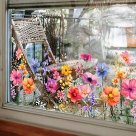 Decorative Window Decals, Floral Garden Design with Colorful Wildflowers, Self-Adhesive Glass Stickers