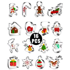 16 Pcs Cookie Cutters Christmas Cookie Cutters Winter Set with Decorating Instructions Stainless Steel Tree Snowflake Candy Cane Santa Snowman And More