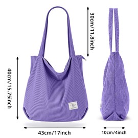 KALIDI Thicken Corduroy Totes Bag Extra Large Capacity Handbags Shoulder Bags with Zipper Cord Tote Bag for Women Ladies Girls Casual Shopping Bag for Work School College Daily Use (Purple)