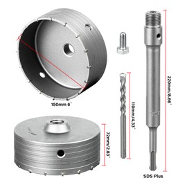 SALI Concrete Hole Saw Kits 6"（150mm）Tungsten Steel Wall Hole Cutter Drill Bit Sets with 220mm SDS Plus Shank Connecting Rod，110mm Center Positioning Drill Bits for Cement Wall Masonry Foam Brick