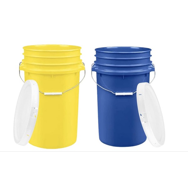 House Naturals 7 Gallon Large Yellow and Blue Bucket Pail Container with lid Food Grade - BPA Free- Made in USA (Pack of 2)