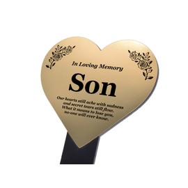 OriginDesigned Son Heart Memorial Remembrance Plaque Stake - Metallic Silver/Gold Acrylic, Waterproof, Outdoor, Grave Marker, Tribute, Plant Marker. Shipped Globally. (Gold)