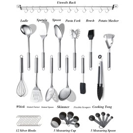 Berglander Kitchen Utensils Set 38 Pieces, Stainless Steel Cooking Utensils Set, Kitchen Gadgets Cookware, Kitchen Tool Set with Utensil Holder Rack And Hooks For Hanging Dishwasher Safe