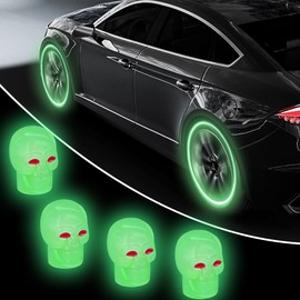 ZIMISI 4PCS Skull Luminous Car Tire Valve Stem Caps, Fluorescent Corrosion Resistant Tire Air Cap, Glow in The Dark Tire Valve Caps, Wheel Pressure Cap for Cars, Bikes, Trucks, Motorcycles (Green)