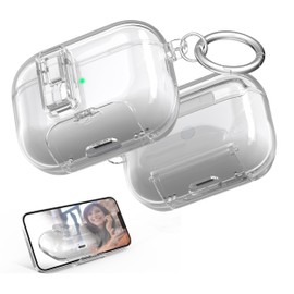 R-fun for AirPods Pro 2nd/1st Generation Case Clear with Lock Clid and Cleaner Kit,[Auto Pop-Up] Soft TPU Clear Cover with Bracket & Dustproof Design for AirPods Pro Case with Keyring