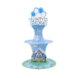 3-Tier Cartoon Dog Birthday Cupcake Stand, Blue Cardboard Cupcake Holder Blue Bday Party Supplies Cute Cupcakes Dessert Stand for Birthday Parties Baby Shower