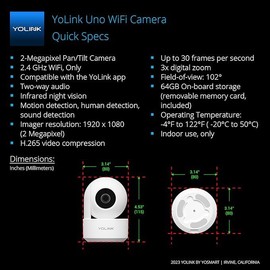 YoLink Uno 2.4G WiF Wireless Home Security Camera Indoor, for Baby and Pet Monitor, 1080p Dog Camera with Phone App, Night Vision B/W, 2-Way Audio, 64G SD Card Included, 360°