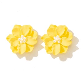 Exaggeration Boho Pearl Flower Stud Earrings for Women,Camellia Flower White Pearl Beads Blosson Stud Earrings Wedding Holiday Jewelry Gifts (Yellow)