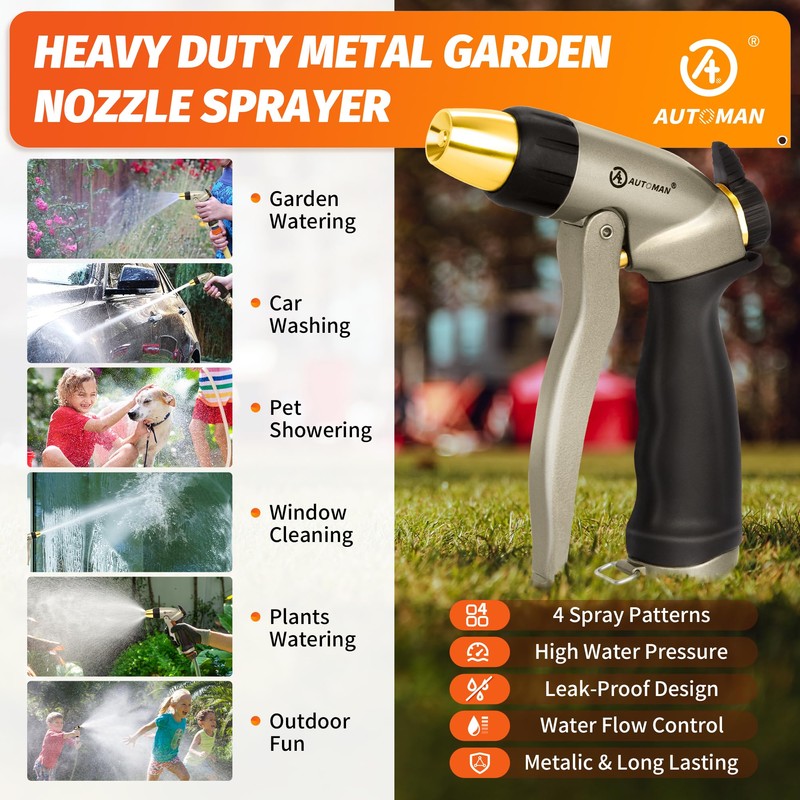 AUTOMAN Garden Hose Nozzle - 100% Metal High Pressure Spray