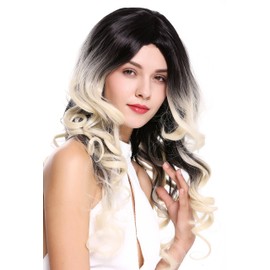 Wig Me Up – ZM Multi-Coloured 613R1B Extravagant Diva Centre Parting Curly Women's Wig Black Wig Platinum Blonde Ombre Mix
