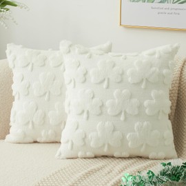 Kevin Textile St. Patrick's Day Pillow Covers 18 x 18 Inch Pack of 2 Soft Faux Fur Cream Shamrock Decorative Lucky Clover Throw Pillowcase for Spring Home Bed Sofa Couch Cream White
