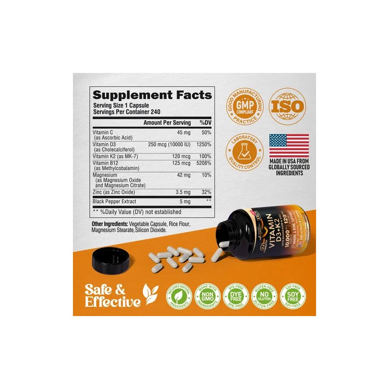 Vitamina D3 K2 10000 Iu 120 Mcg Con Magnesio Zinc