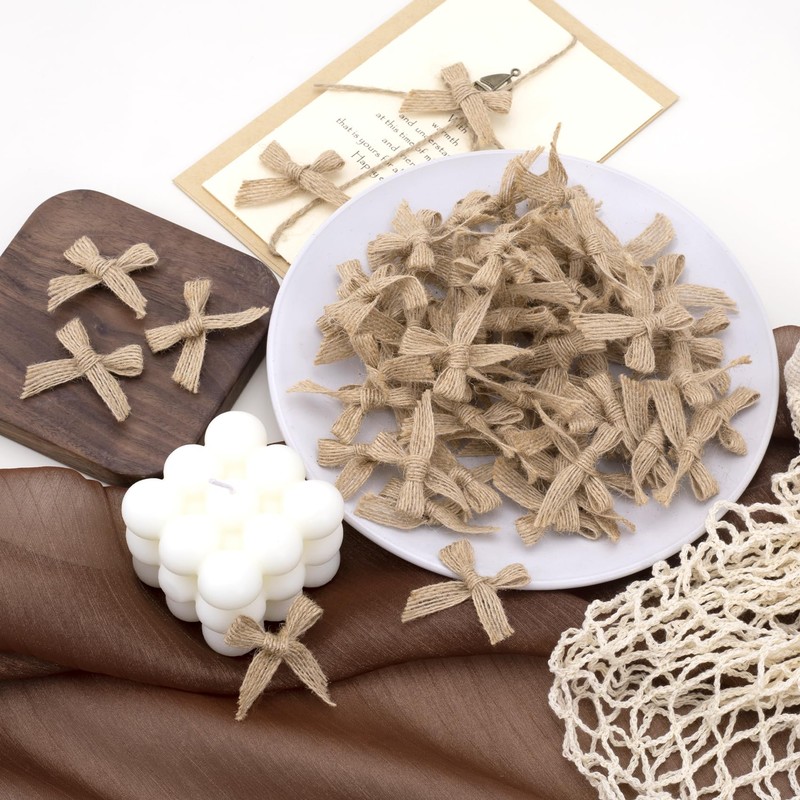 100pcs Christmas Mini Burlap Bows, Linen Handmade Mini Bow for