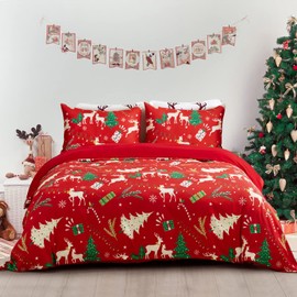 Christmas Duvet Cover Set Queen,Xmas Tree Reindeer Printed Bedding Set Soft Lightweight Comforter Cover for Festive Bedroom Decor 3 Pieces(1 Duvet Cover and 2 Pillowcases) Zipper Closure
