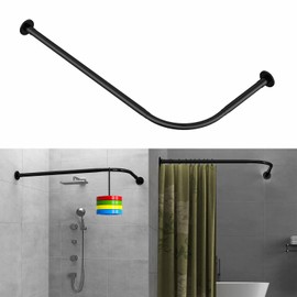 Tanxih Adjustable Corner Shower Curtain Rod L Shaped Black Stretchable 304 Stainless 27"- 39"X47"- 65" Drill Free Install for Corner Bathtub with Free Hooks