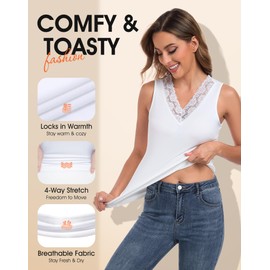 MOSCOAL Thermal Tank Top for Women Lace V Neck Fleece Lined Base Layer Sleeveless Undershirts Thermal Underwear Vest for Winter White Small