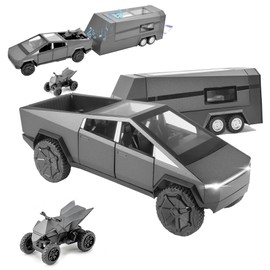 Miortior Truck Toy, Car Toy with RV, Motorcycle Cybertquad and Truck, 1/32 Alloy Diecast Pickup Trailer Model Kit with Light and Sound, for Kids Aged 6 and Up - Black Gray