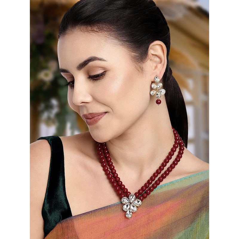 Aheli Crystal Pearl Long Collar con pendientes de caída Conjunto