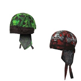 Lot or Set of 2 Red Grey Black Celtic Skull & Cross and Neon Green Gothic Skulls Head Wrap Durag Skull Cap Biker Doo Rag Multi Color