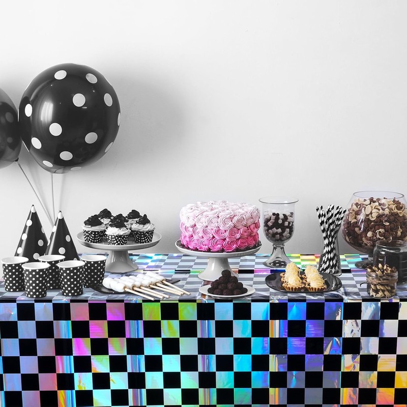 2Pack Iridescent Checkered Plastic Tablecloth, Shiny Disposable Laser Rectangle Table