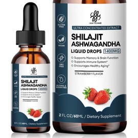 Shilajit Liquid Drop 1400MG with Ashwagandha for Enhanced Energy and Immune Support, Shilajit for Men Energy Booster, Sugar-Free, Strawberry Flavor, 2 Fl Oz
