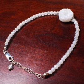 Druzy Agate Charm with Moonstone Bracelet in 925 Sterling Silver Chain and Clasp, 7.5" Bracelet with 1.5" Extension, Gift for her (8.5" +1.5" Extension)