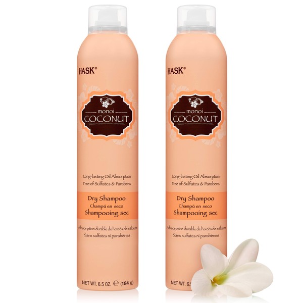 HASK Dry Shampoo Kits for all hair types, aluminum free, no sulfates, parabens, phthalates, gluten or artificial colors, Nourishing Monoi Coconut - Set of 2 Large 6.5oz Cans