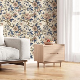 LaiTique Big Floral Peel and Stick Wallpaper Vintage Chinoiserie Wallpaper Self-Adhesive and Removable Vinyl Wall Paper for Home Decoration Pink/Gold/Cream 17.7in x 236in