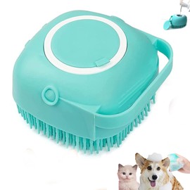 Hfpengzan Pet Bath Scrubber Brush, Dog Grooming Massage Shampoo Bath Brush with Soap and Shampoo Dispenser Soft Silicone Bristle for Long Short Haired Dogs Cats Shower (Blue)