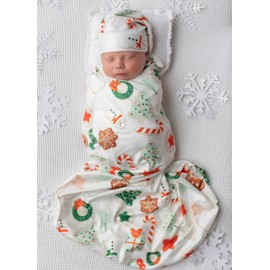 Vollmic Newborn Baby Girl Receiving Blanket Swaddle Blanket Stretchy Knit Swaddle Set with Matching Headband and Beanie (White Christmas)