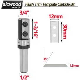 lnsert Carbide Pattern Flush Trim Router Bit 1/2 Shank, 3/4" Cut Dia, 30mm Cutting Length, Two Replaceable Cutters, Top Bearing Template Flush Cut/Trim Router Bit, for Wood Trimming, by SICWOOD
