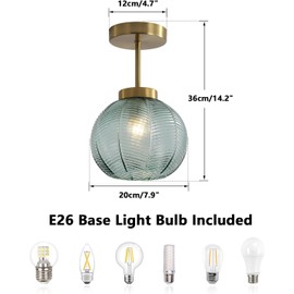 KCO Lighting Nordic Green Glass Ceiling Light Ribbed Glass Ceiling Light Fixtures Modern Globe Semi Flush Mount Ceiling Light Mid Century Gold Bathroom Flush Mount Ceiling Light