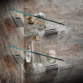 Melairy 2-Pack Glass Shelves Wall Mounted Corner Shower Shelf Bathroom Tempered Glass Shelves with Stainless Steels Chrome Bracket for Bathroom Kitchen Living Room