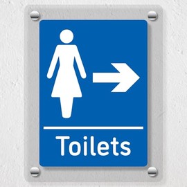 V Safety Women's Toilets - Arrow Right Blue Acrylic Sign 200x300mm - Durable, Shatterproof Directional Signage