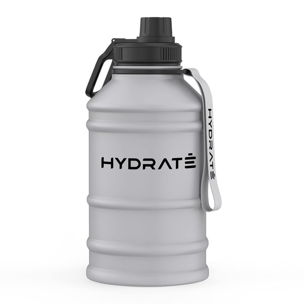 HYDRATE Stainless Steel 1.3 and 2.2 Litre Water Bottle with Nylon Carrying Strap & Leak-Proof Screw Cap Lid - Durable 304 Stainless Stee BPA-free Metal Gym Water Bottle - Multiple Colors Options