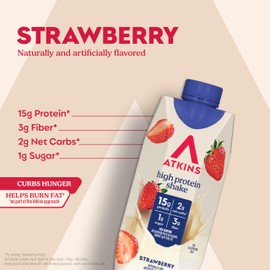 Atkins Strawberry Flavored Protein Shake, High Protein, Low Glycemic, Low Sugar and Low Carb, Keto Friendly, Gluten Free, 12 Count