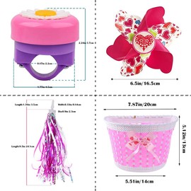 Liyamobu 4pcs Children's Bike Accessories-1 pc Girl's Bicycle Bell with 2 pcs Kids Bike Streamers,1pc Bike Front Handlebar Basket, and 1pc Long Pole Bike Windmill