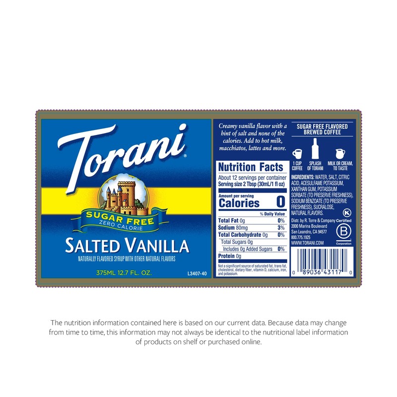 Torani Salted Vanilla Syrup, Sugar Free, Kosher, 12.7 Fluid Ounce