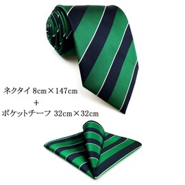 SHLAX&WING Stripe Men's Blue Green Silk Business Necktie, 8cm x 147cm Necktie + Pocket Square