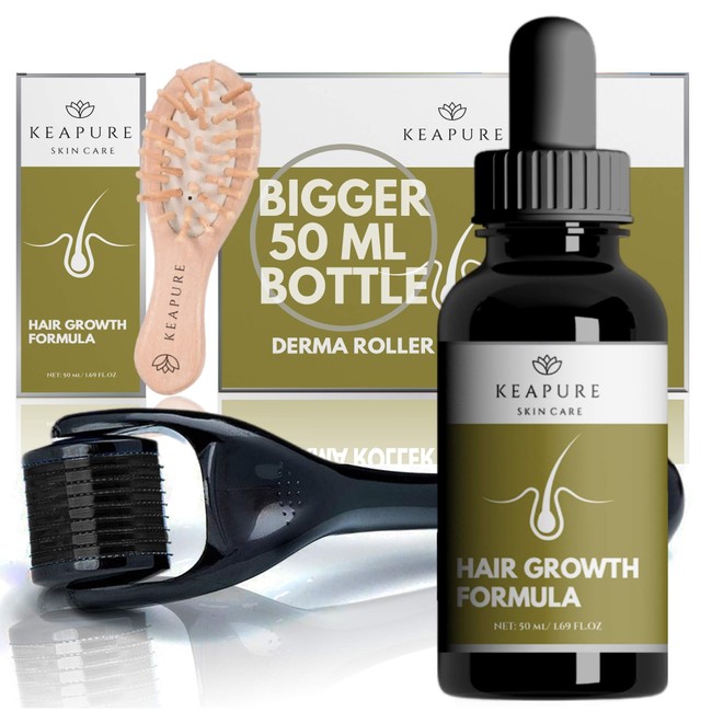 KEAPURE Derma Roller for Hair Growth - 50 ml Natural Hair Regrowth Serum + Wooden Hair Scalp Massager and Micro Needling Roller for Hair | Advanced Scalp Stimulator Hair Regrowth for Men and Woman